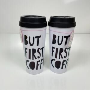 NEW Set of 2 Ban.do Hot Stuff Thermal Mugs But First, Coffee Black White 16 oz